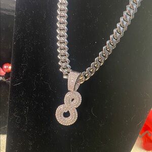 16 Inches Iced Out Number 8 Pendant Silver Cuban Link Chain Necklace Hip Hop